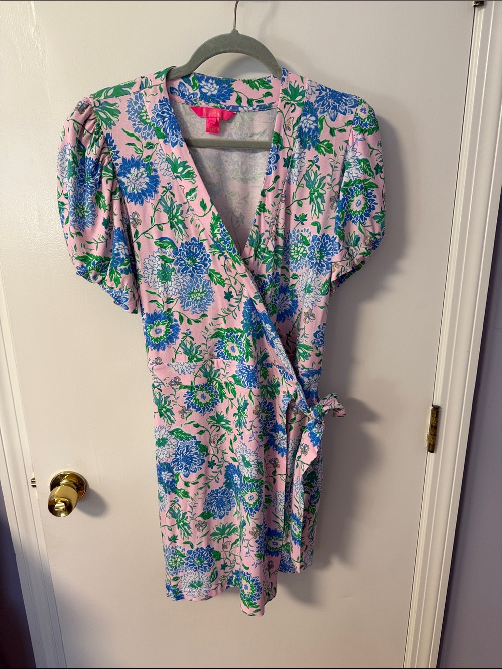 Lilly Pulitzer Pink Mini Wrap Dress with Blue & Green Florals